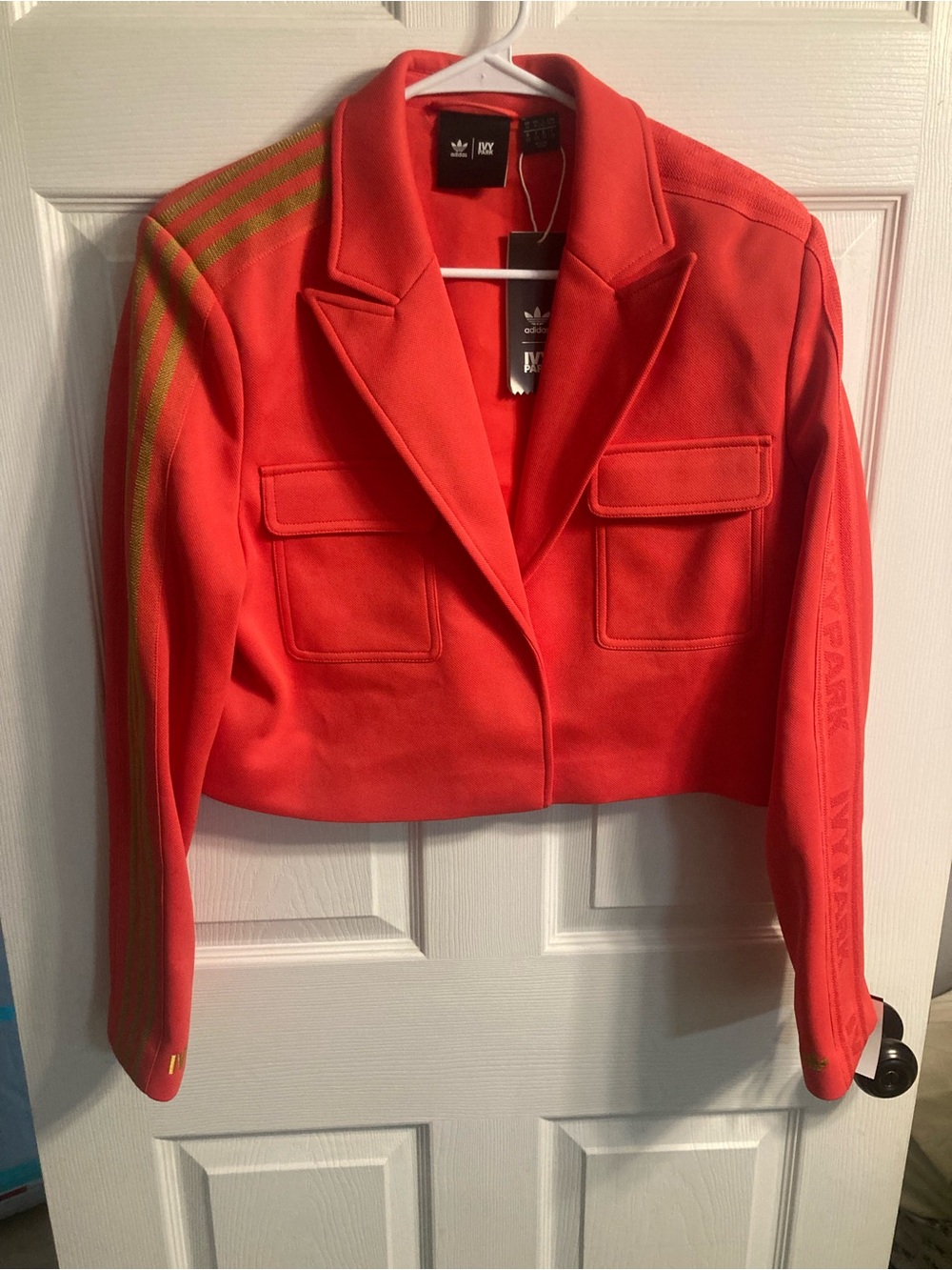 adidas x IVY PARK Cropped Red Blazer with Gold Stripe Detail